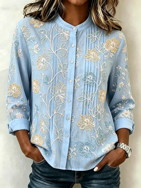 

Long Sleeve Floral Ruched Lightweight Loose Shirt For Women, Blue, Shirts