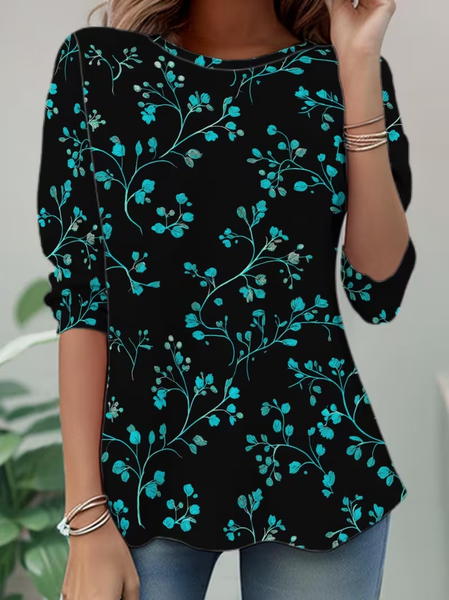 

Women Floral Long Sleeve Tee T-shirt Crew Neck Casual Tunic Spring/Fall Top, Black, T-Shirts