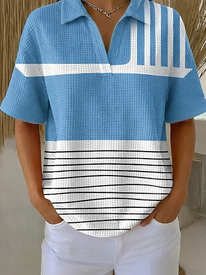 

Vintage Striped Polo Collar Short Sleeve T-shirt, Blue, T-shirts