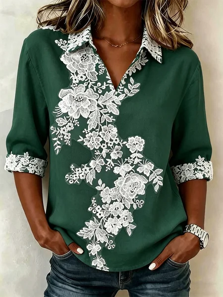 Shawl Collar Half Sleeve Floral Lightweight Loose Shirt For Women