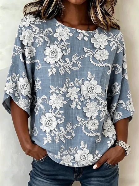 

Vintage 3D Printing Crew Neck Half Sleeve T-shirt, Denim blue, T-shirts