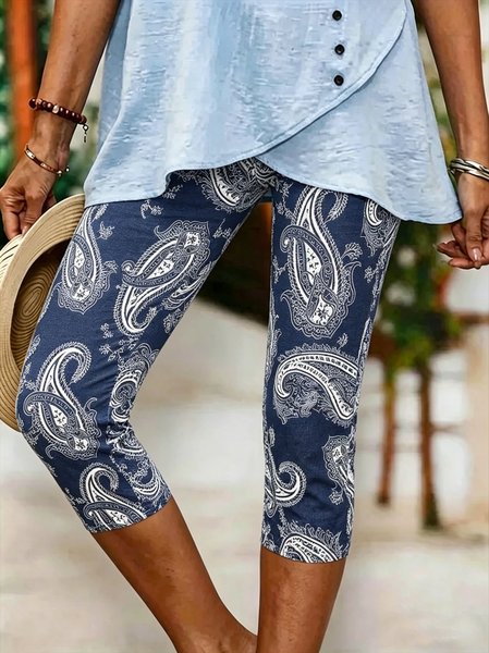 

Women Paisley Elastic Waist Vintage Summer Capris Leggings, Blue, Shorts