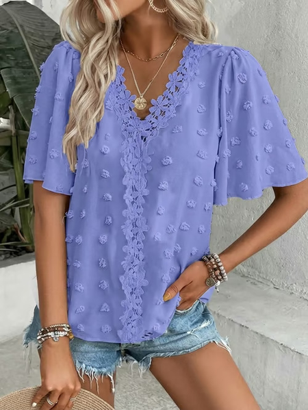 

V Neck Short Sleeve Plain Regular Loose Blouse For Women, Purple, T-shirts