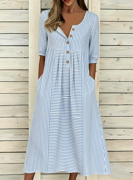 

Women Striped Summer Dress Half Open Collar Half Sleeve A-Line Dress, Blue, Dresses