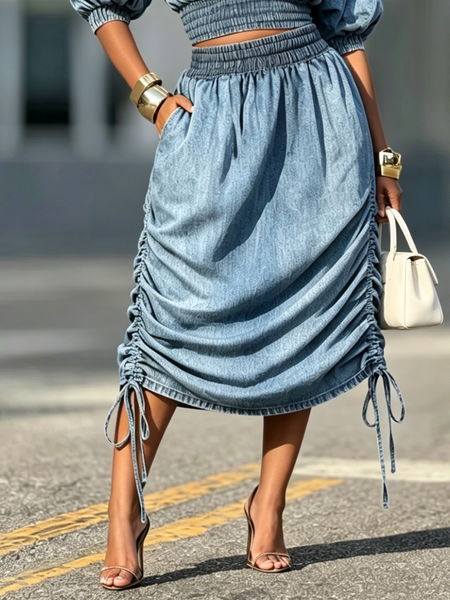 

Urban Ruched Plain Midi Denim Skirt, Denim blue, Denim Skirts