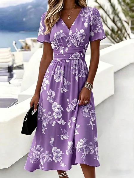 Women Floral Summer Dress V Neck Short Sleeve Beach Dress A-Line Dress
