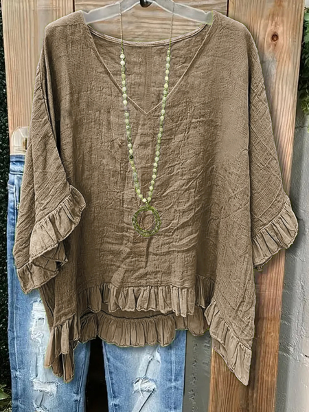 

V Neck Short Sleeve Plain Regular Loose Blouse For Women, Khaki, Blouses