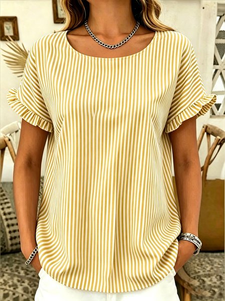 

Crew Neck Short Sleeve Striped Regular Loose Blouse For Women, Light yellow, T-shirts