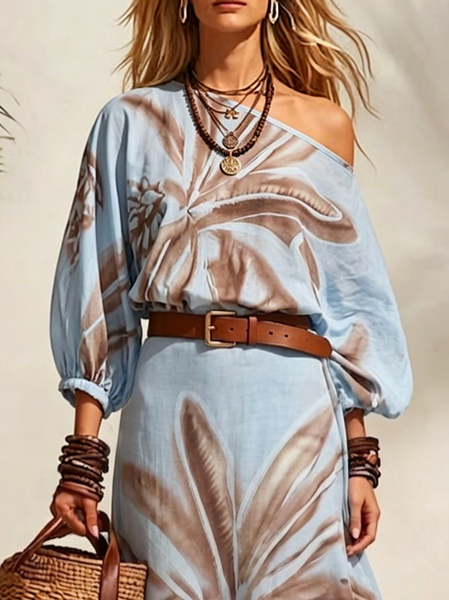 

Vacation Coconut Tree Printing Cold Shoulder Blouse, Blue, Blouses and Shirts