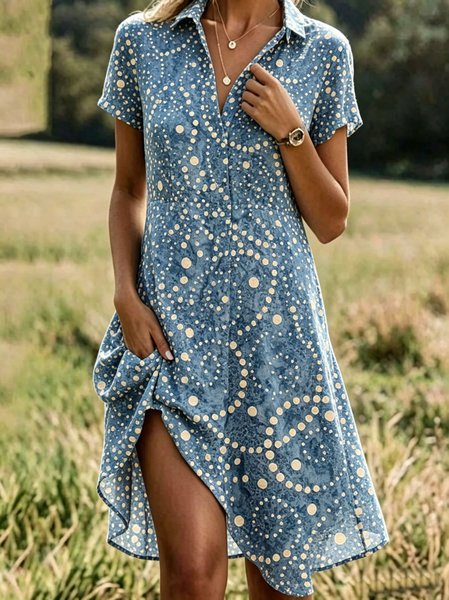 

Women Abstract Polka Dots Summer Dress Shirt Collar Short Sleeve A-Line Dress, Blue, Dresses
