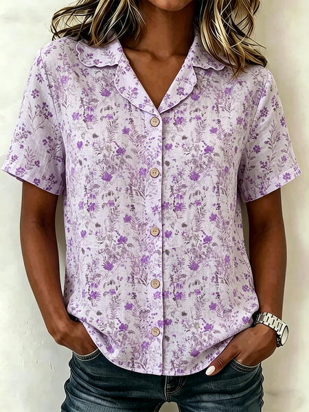 Shawl Collar Short Sleeve Floral Lightweight Loose Shirt For Women