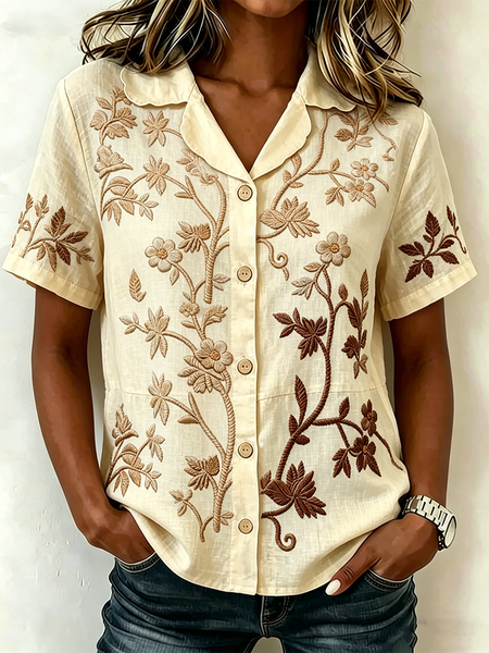 

Shawl Collar Short Sleeve Floral Lightweight Loose Shirt For Women, Yellow, Shirts