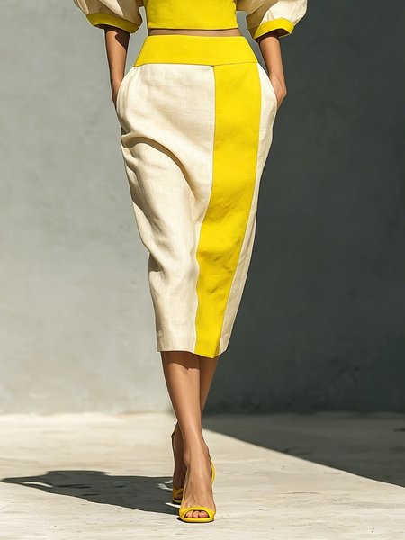 Cotton And Linen Urban Split Joint Color Block Midi Skirt