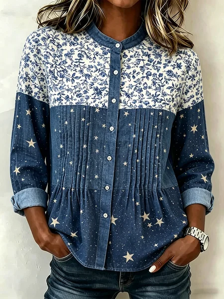 Long Sleeve Geometric Ruched Lightweight Loose Shirt For Women, Blue, Shirts