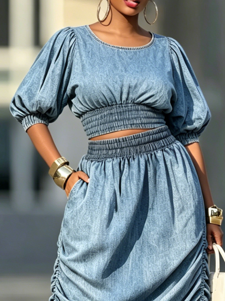 Denim Urban Plain Crew Neck Denim Top