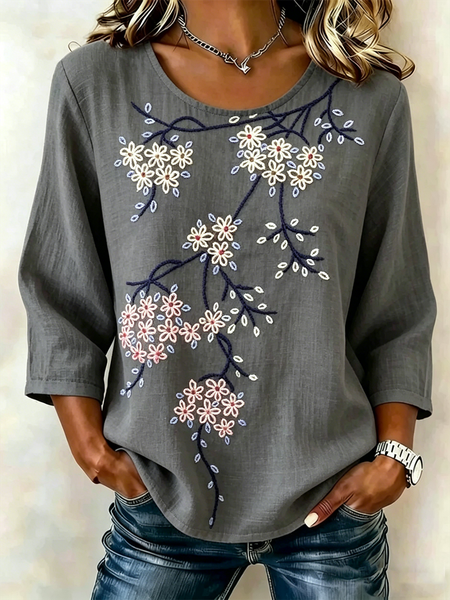 Crew Neck Half Sleeve Floral Lightweight Loose Shirt For Women