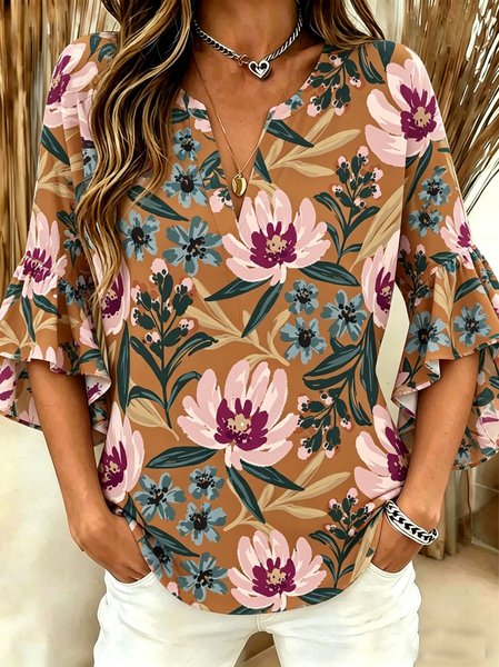 V Neck Half Sleeve Floral Regular Loose Blouse For Women