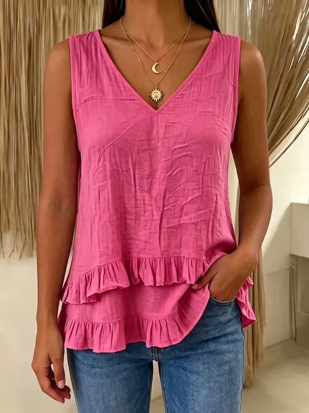 

Vintage Plain V Neck Sleeveless T-shirt, Deep pink, Tanks & Camis