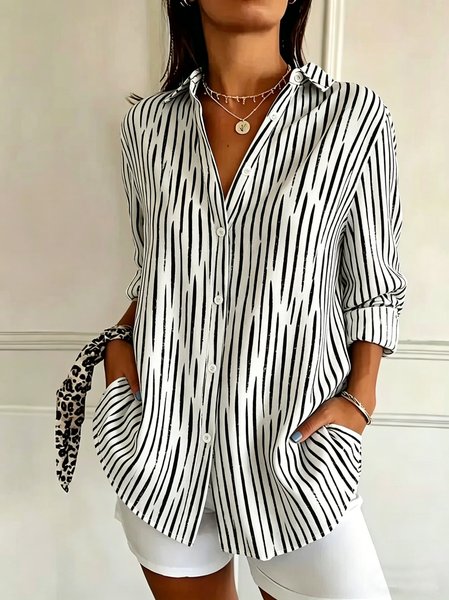 Shawl Collar Long Sleeve Abstract Graphic Regular Loose Shirt For Women