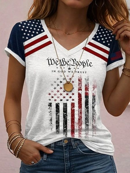 Casual Gradient Pattern V Neck Short Sleeve T-shirt