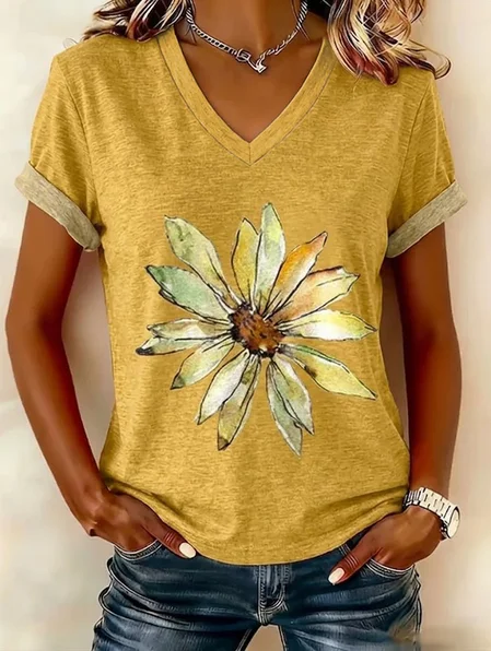 

Women Floral Short Sleeve Tee T-shirt V Neck Printing Vintage Summer Top, Yellow, T-Shirts