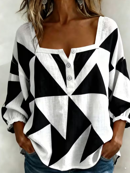 

Women Abstract Square Neck Three Quarter Sleeve Blouse Printing Vintage Daily Spring/Fall Top, White, Blouses