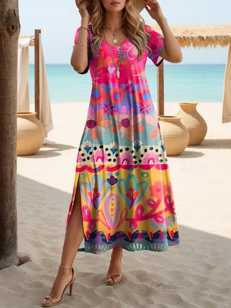 

Women Floral Summer Printing Dress V Neck Short Sleeve X-Line Dress, Pink, Dresses