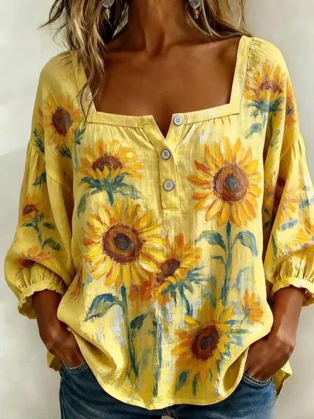 

Women Floral Square Neck Three Quarter Sleeve Blouse Printing Vintage Daily Spring/Fall Top, Yellow, Blouses
