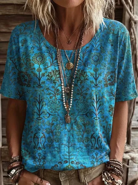 

Casual Floral Crew Neck Short Sleeve T-shirt, Blue, T-shirts