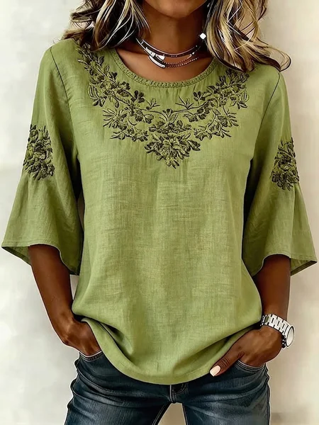 

Crew Neck Half Sleeve Floral Printing Regular Micro-Elasticity Regular Fit Blouse For Women, Green, Blouses
