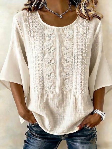 

Crew Neck Half Sleeve Floral Printing Regular Micro-Elasticity Regular Fit Blouse For Women, White, Blouses