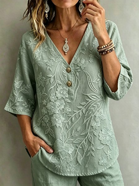 V Neck Short Sleeve 3D Printing Regular Loose Blouse For Women