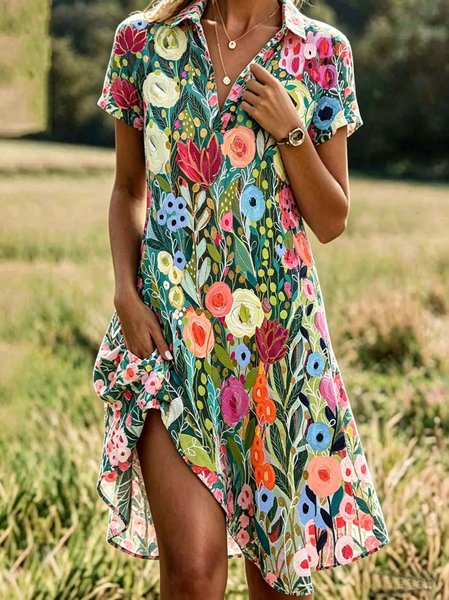 

Women Abstract Polka Dots Summer Dress Shirt Collar Short Sleeve A-Line Dress, Cyan, Dresses