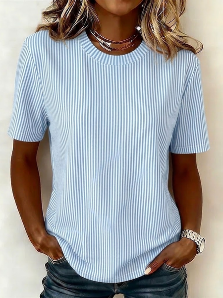 

Casual Striped Crew Neck Short Sleeve T-shirt, Blue, T-shirts