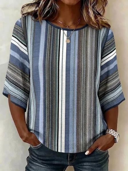 

Crew Neck Half Sleeve Striped Regular Loose Shirt For Women, Blue, T-shirts