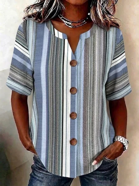 

V Neck Short Sleeve Striped Regular Loose Shirt For Women, Blue, Shirts