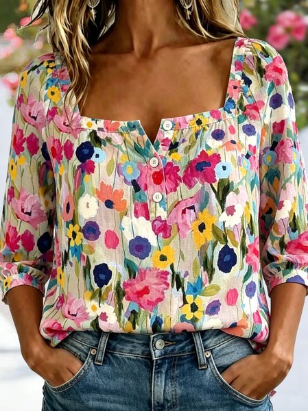 

Square Neck Three Quarter Sleeve Floral Regular Micro-Elasticity Loose Blouse For Women, As picture, Blouses