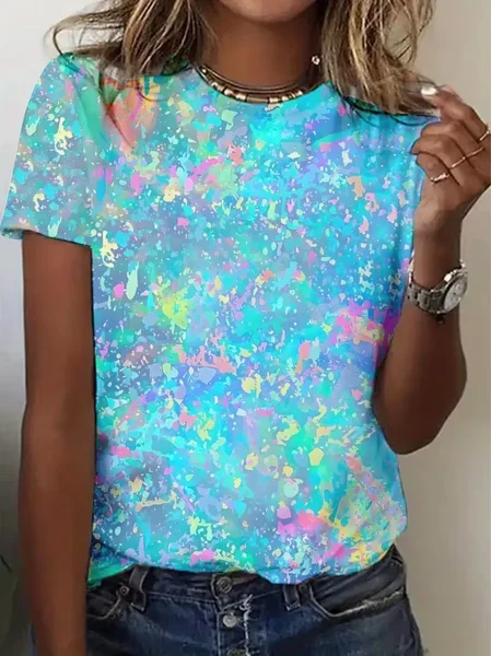 

Casual Abstract Crew Neck Short Sleeve T-shirt, Blue, T-shirts