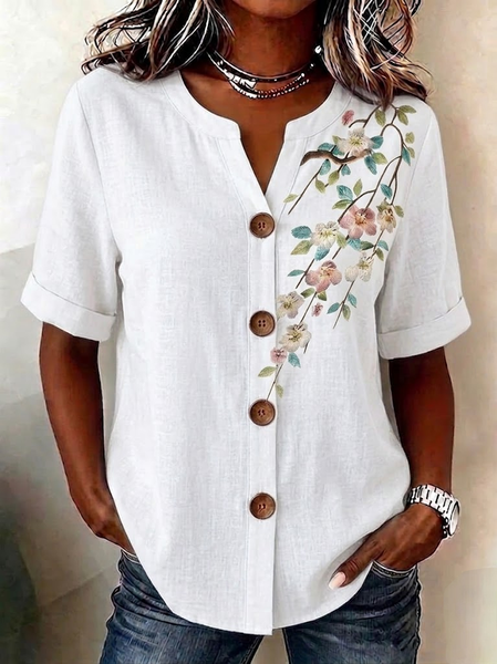 

V Neck Short Sleeve Floral Regular Loose Shirt For Women, White, Shirts