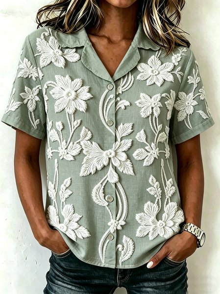 

Shawl Collar Short Sleeve 3D Printing Regular Loose Shirt For Women, Green, Shirts