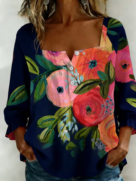 

Square Neck Three Quarter Sleeve Floral Printing Regular Micro-Elasticity Loose Blouse For Women, Navyblue, Blouses