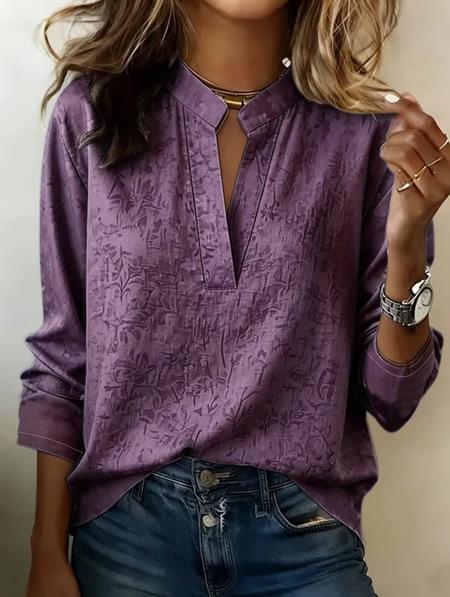 

V Neck Long Sleeve Floral Regular Loose Blouse For Women, Purple, Blouses