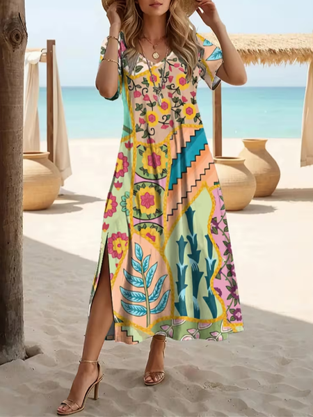 

Women Floral Summer Printing Dress V Neck Short Sleeve X-Line Dress, As picture, Dresses