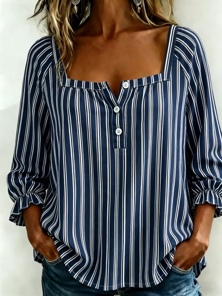 

Women Striped Square Neck Three Quarter Sleeve Blouse Printing Vintage Daily Spring/Fall Top, Navyblue, Blouses