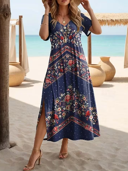 

Women Floral Summer Printing Dress V Neck Short Sleeve X-Line Dress, Navyblue, Dresses