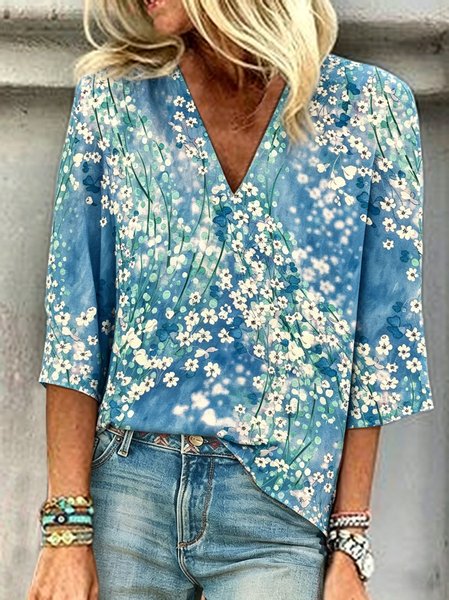 

Casual Floral V Neck Short Sleeve T-shirt, Cyan, T-shirts
