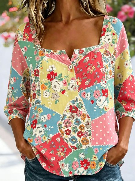 

Square Neck Three Quarter Sleeve Floral Regular Micro-Elasticity Loose Blouse For Women, As picture, Blouses