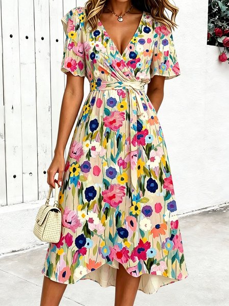 Women Floral Summer Dress V Neck Short Sleeve Fit & Flare Dress A-Line Dress