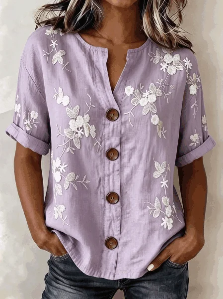 

V Neck Three Quarter Sleeve 3D Printing Regular Loose Blouse For Women, Light purple, Shirts
