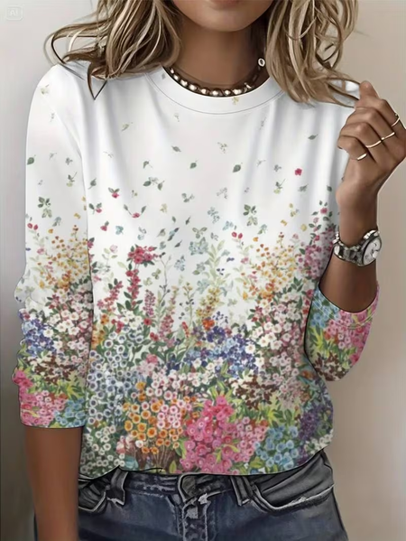 

Women Floral Long Sleeve Tee T-shirt Crew Neck Printing Casual Graphic Tee Spring/Fall Top, White, T-Shirts